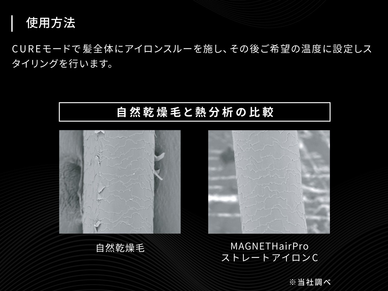 MAGNETHairPro ストレートアイロンC CUREモードを使用してスタイリングした際の毛髪表面