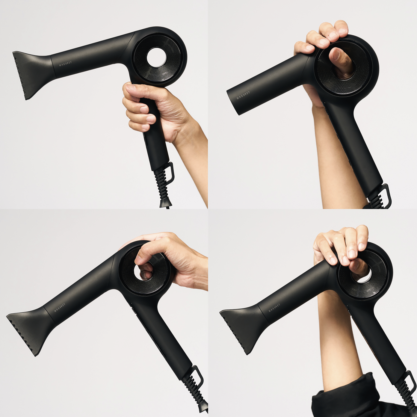 MAGNETHairProドライヤーゼロの持ち方イメージ。吸気部に穴があるため指をかけて持つことができるため手首や腕の負担になりにくいです。